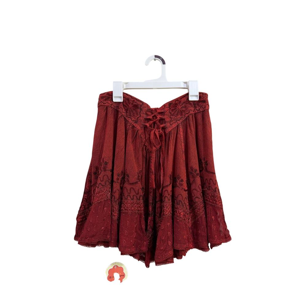 Boho Hippie Embroidered Rayon Festival Mini Skirt Red Lace Up Waist